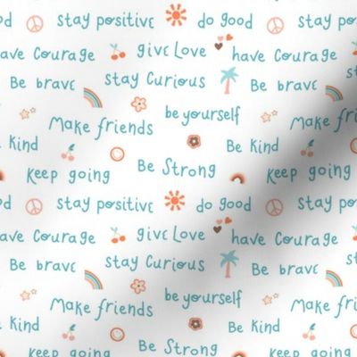 Affirmations positive words and good vibes, kids beachy, School Typography, white background, small scale