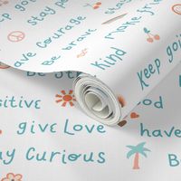 Affirmations positive words and good vibes, kids beachy, School Typography, white background, small scale