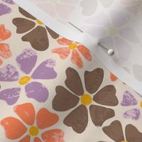 Vintage Flower Power, Lilac Coral and Brown on cream, Summer