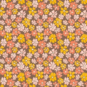 Vintage Flower Power, Yellow Coral and pink on brown, Summer, medium