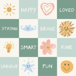 Checkerboard positivity pattern positive affirmations for kids chalk word art 8x8 repeat green