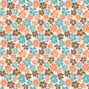 Vintage Flower Power, Coral Teal and Brown on cream, Summer