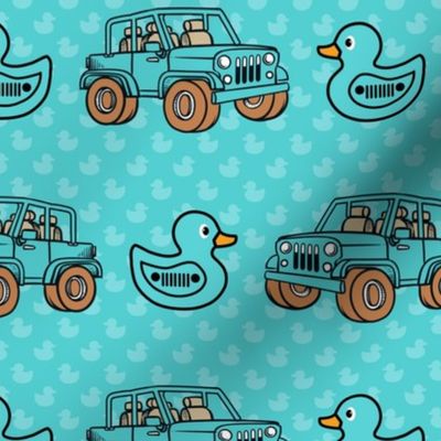 Large Scale Duck Duck Jeep 4x4 Off Road All Terrain Vehicles and Rubber Duckies in Pool Blue