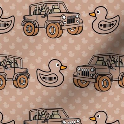 Large Scale Duck Duck Jeep 4x4 Off Road All Terrain Vehicles and Rubber Duckies in Tan