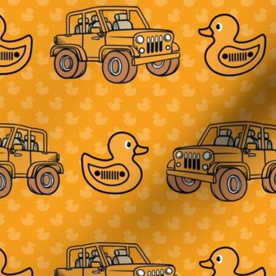 Large Scale Duck Duck Jeep 4x4 Off Road All Terrain Vehicles and Rubber Duckies in Yellow Gold