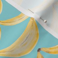 Watercolor painting of yellow bananas on light blue background