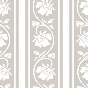 Indian floral stripe with vertical stripe in natural white and light soft warm grey large scale