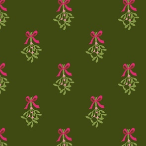 Hand drawn classic Christmas  mistletoe sprigs on pine green  with  red  ribbon