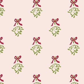Hand drawn classic Christmas  mistletoe sprigs on blush pink with  red  ribbon