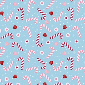 Pink and Red Candy Canes with Gumdrops and Daises on Pastel Blue