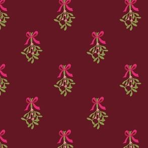 Hand drawn classic Christmas  mistletoe sprigs on rich burgundy  with pink ribbon