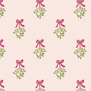 Hand drawn classic Christmas  mistletoe sprigs on blush pink with  cerise pink  ribbon