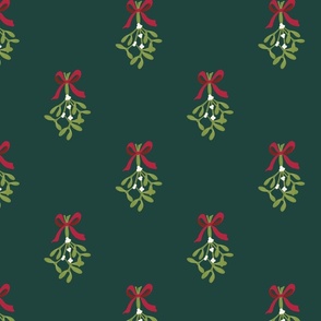 Hand drawn classic Christmas  mistletoe sprigs on deep forest green  with  red  ribbon