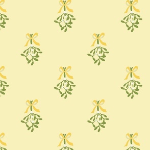 Hand drawn classic Christmas  mistletoe sprigs on creamy pale yellow  with  yellow ribbon
