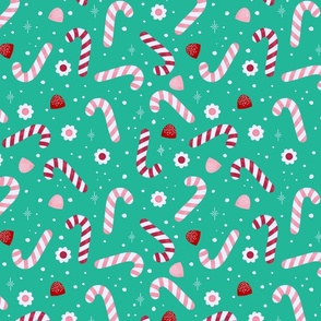 Pink and Red Candy Canes with Gumdrops and Daises on Green