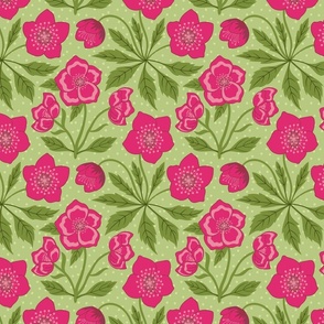 Bold Chintz maximalist vintage floral cerise pink on bright kelly green English  rose 