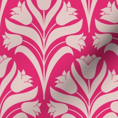 Damask style in monochromatic dusty pink on bright cerise pink  tulip flower spray