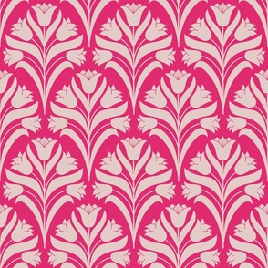 Damask style in monochromatic dusty pink on bright cerise pink  tulip flower spray