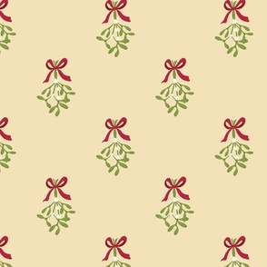 Hand drawn classic Christmas  mistletoe sprigs on creamy beige ecru with  red ribbon