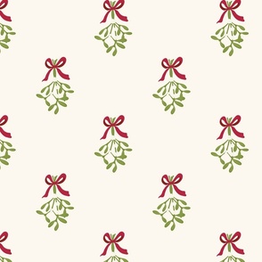 Hand drawn classic Christmas  mistletoe sprigs on creamy vanilla white with  red ribbon
