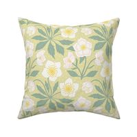 Chintz vintage  bright floral white English rose on pale yellow green