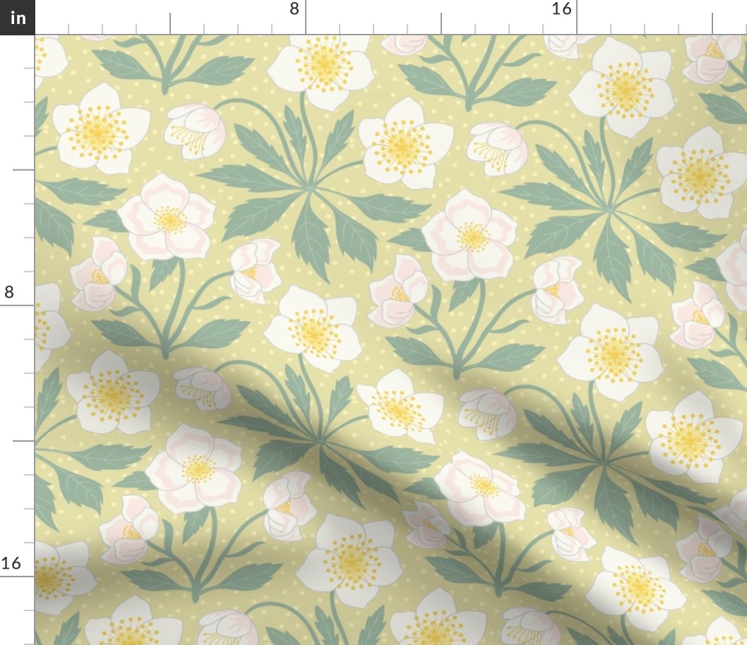 Chintz vintage  bright floral white English rose on pale yellow green