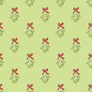 Hand drawn classic Christmas  mistletoe sprigs on pale kelly green and red ribbon