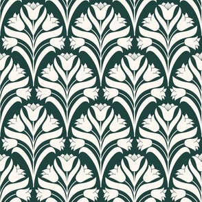 Damask style in ivory white on forest green  tulip flower spray