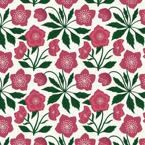 Chintz style crimson red and green  floral vintage Christmas winter rose 