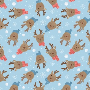 Cute Reindeer, Scarves, and Snowflakes-Light Blue, Reindeer Heads, Reindeer Faces, Reindeer Fabric, Christmas Fabric