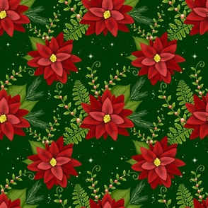 Vibrant Christmas Red Cardinal Poinsettia Floral Design in Forest Green 
