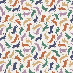 FUN MODERN BRIGHT  WOODLAND ANIMAL HOPPING BUNNIES COLOURFUL EASTER PRINT SMALL SCALE