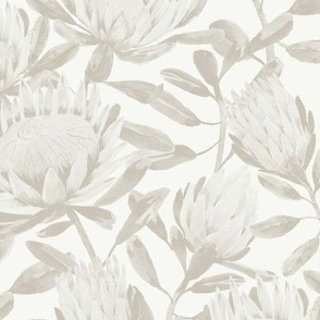 Small Hand Painted Watercolor White King Proteas in Monochrome Dulux Linseed Neutral with Antique White USA Background