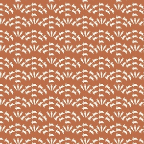 FUN SMALL SCALE MODERN HOPPING BUNNIES AND CARROTS SCALLOP EASTER PRINT IN BROWN AND WHITE