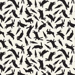 FUN MODERN HOPPING WOODLAND BUNNIES WITH CARROTS EASTER PRINT IN BLACK AND WHITE