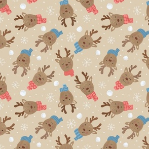 Cute Reindeer, Scarves, and Snowflakes-Beige, Reindeer Heads, Reindeer Faces, Reindeer Fabric, Christmas Fabric
