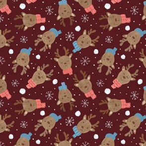 Cute Reindeer, Scarves, and Snowflakes-Crimson Red, Reindeer Heads, Reindeer Faces, Reindeer Fabric, Christmas Fabric