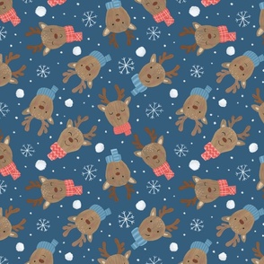 Cute Reindeer and Snowflakes - Greyish Blue, Reindeer Heads, Reindeer Faces, Reindeer Fabric, Christmas Fabric