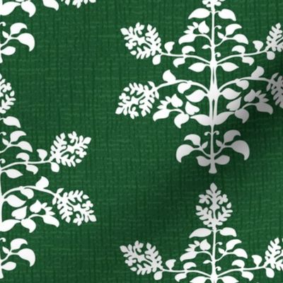 Floral Indian Block Print Christmas green, texture llok with white bouquets
