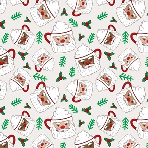 Santa Mugs, Holly, and Minimal Trees on White, Christmas Fabric, Santa Fabric, Mugs, Hot Cocoa