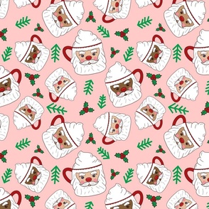 Santa Mugs, Holly, and Minimal Trees on Pink, Christmas Fabric, Santa Fabric, Mugs, Hot Cocoa