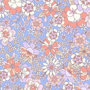 Candyfloss florals retro flowers coral red_ purple_ orange on blue by Jac Slade