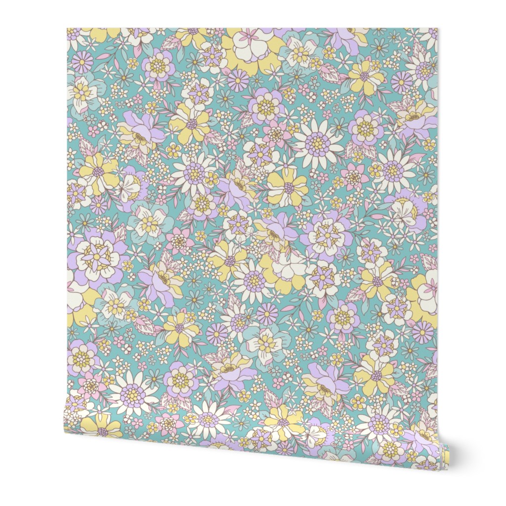 Candyfloss florals retro flowers easter green_ purple_ pink_ yellow by Jac Slade