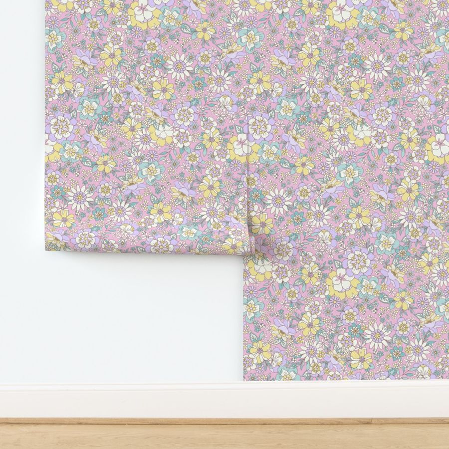 Candyfloss florals retro flowers easter pink_ green_ purple_ yellow by Jac Slade