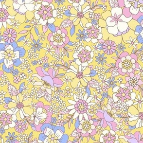 Candyfloss florals retro flowers easter Yellow_ blue_ pink by Jac Slade