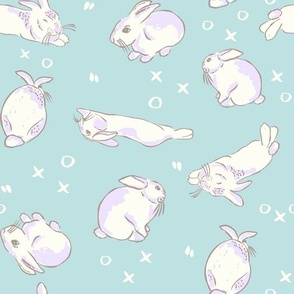 Easter Bunny kisses - white rabbits and xoxo with purple on mint green by Jac Slade