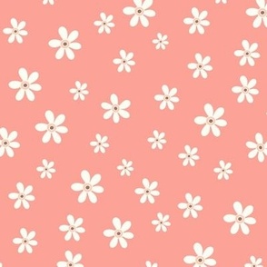 Ditsy Daisy retro white flowers on coral red by Jac Slade