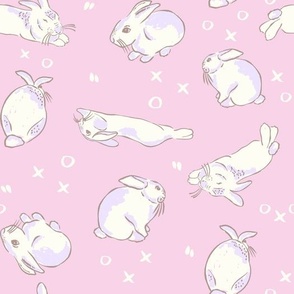 Easter Bunny kisses - white rabbits and xoxo with purple on pastel pink by Jac Slade