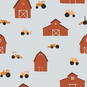 Red Barns and Tractors in Light Blue