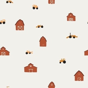 Tiny Red Barns and Tractors on Ivory